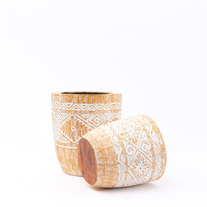 Pale Engraved Wooden Plant Pot - Bohowoodland